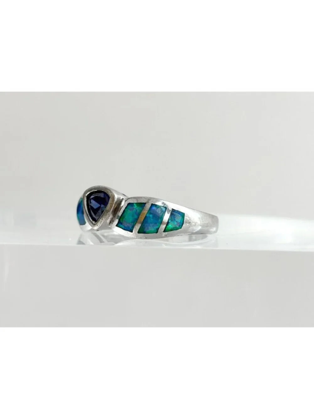 Tanzanite & Opal Framed Gemstone Sterling Silver 925 Vintage Ring - sz 7.25